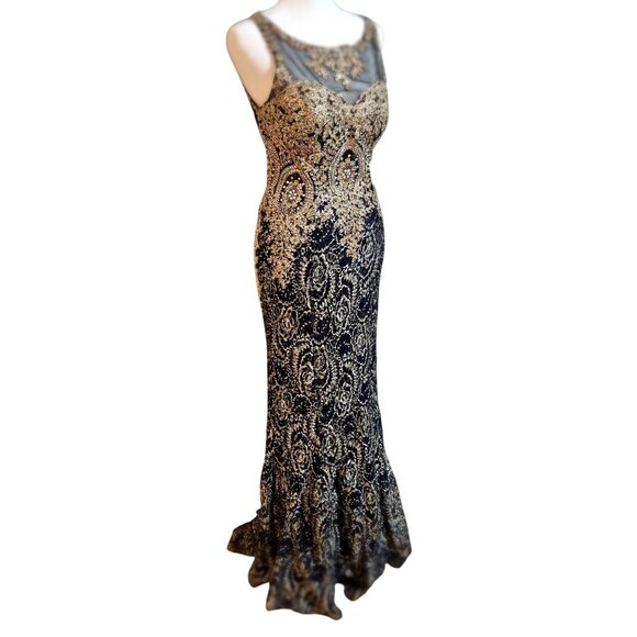 Elegant Black Gold Sleeveless Evening Gown Sheer Back Embroidery Mermaid Silhoue - Picture 3 of 16